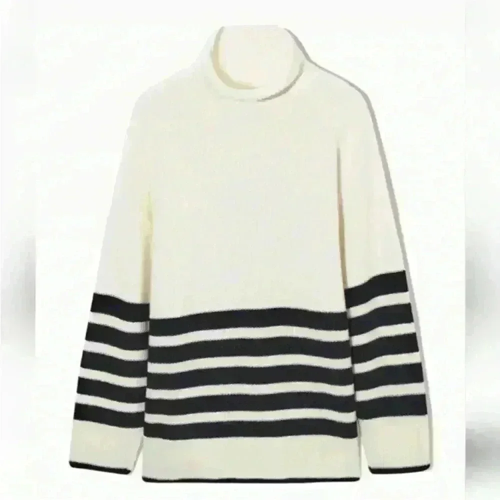 COS Roll neck sweater in white and black striped wool and cotton blend
